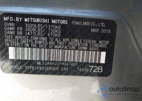 2015 Mitsubishi Mirage Es/Rf z USA, uszkodzony, nr VIN ML32A4HJ2FH047487